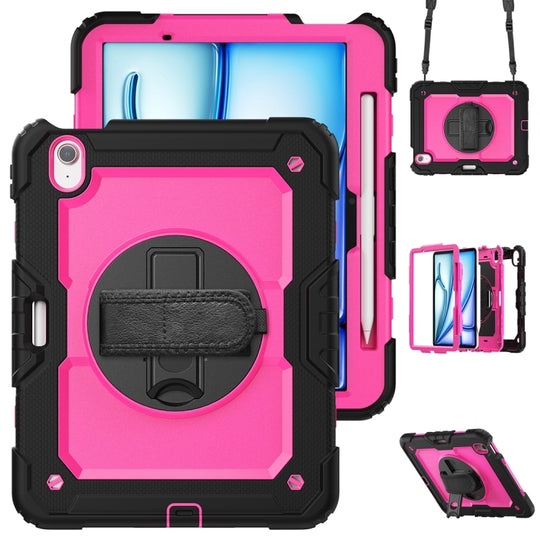 For iPad Air 11 2026 / 2025 / 2024 Lucky Wheel Grip Silicone Hybrid PC Tablet Case with Shoulder Strap(Rose Red+Black)