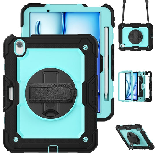 For iPad Air 11 2026 / 2025 / 2024 Lucky Wheel Grip Silicone Hybrid PC Tablet Case with Shoulder Strap(Light Blue+Black)