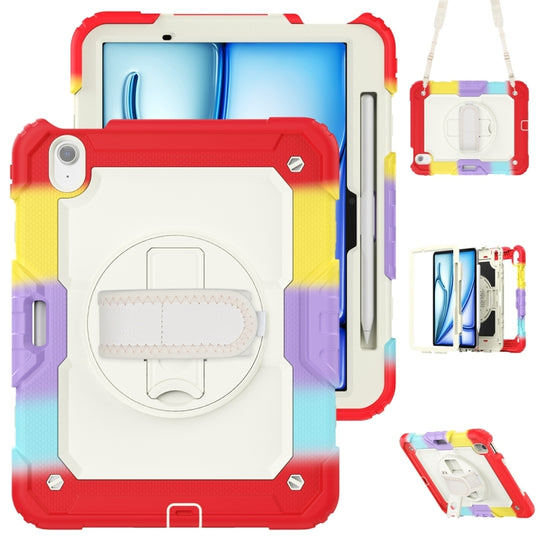 For iPad Air 11 2026 / 2025 / 2024 Lucky Wheel Grip Silicone Hybrid PC Tablet Case with Shoulder Strap(Rainbow Red)
