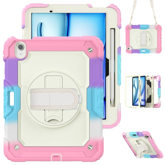 For iPad Air 11 2026 / 2025 / 2024 Lucky Wheel Grip Silicone Hybrid PC Tablet Case with Shoulder Strap(Rainbow Pink)