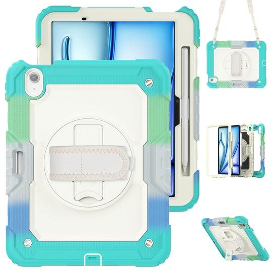 For iPad Air 11 2026 / 2025 / 2024 Lucky Wheel Grip Silicone Hybrid PC Tablet Case with Shoulder Strap(Rainbow Blue)