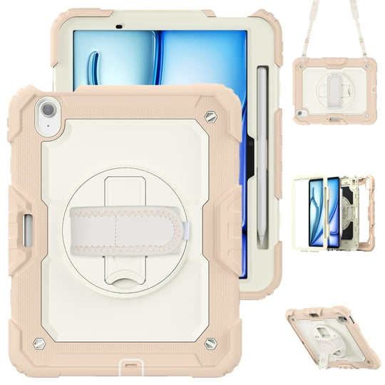 For iPad Air 11 2026 / 2025 / 2024 Lucky Wheel Grip Silicone Hybrid PC Tablet Case with Shoulder Strap(Cream+Rose Gold)