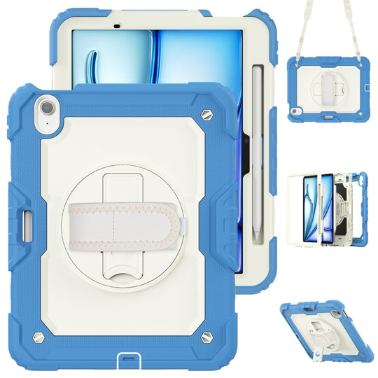 For iPad Air 11 2026 / 2025 / 2024 Lucky Wheel Grip Silicone Hybrid PC Tablet Case with Shoulder Strap(Cream+Navy Blue)
