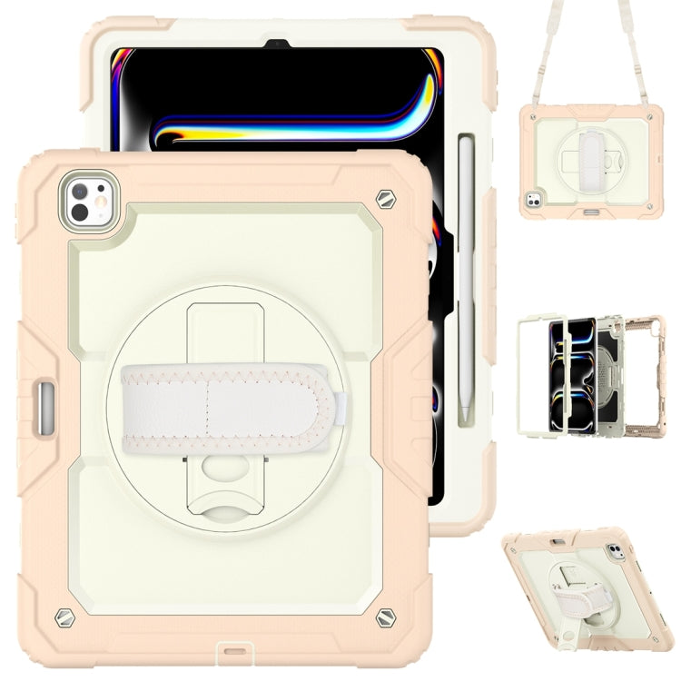 For iPad Pro 13 2025 / 2024 Lucky Wheel Grip Silicone Hybrid PC Tablet Case with Shoulder Strap(Cream+Rose Gold) by buy2fix