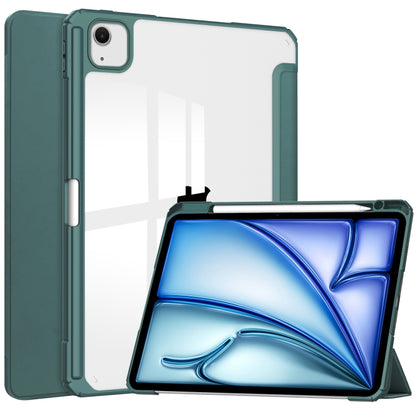 For iPad Air 13 2025 / 2024 Pure Color 3-fold Clear TPU Smart Leather Tablet Case(Dark Green) by buy2fix