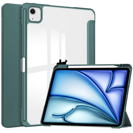 For iPad Air 13 2026 / 2025 / 2024 Pure Color 3-fold Clear TPU Smart Leather Tablet Case(Dark Green)