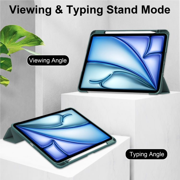 For iPad Air 13 2025 / 2024 Pure Color 3-fold Clear TPU Smart Leather Tablet Case(Dark Green) by buy2fix