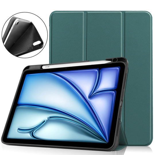 For iPad Air 11 2024 / 2025 / 2026 Custer TPU Pure Color 3-Fold Holder Smart Leather Tablet Case(Dark Green)