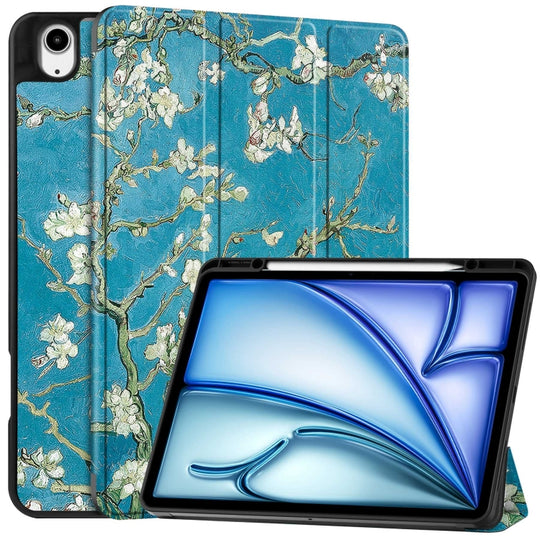 For iPad Air 13 2024 / 2025 / 2026 Custer Painted 3-Fold Holder Smart Leather Tablet Case with Pen Tray(Apricot Flower)