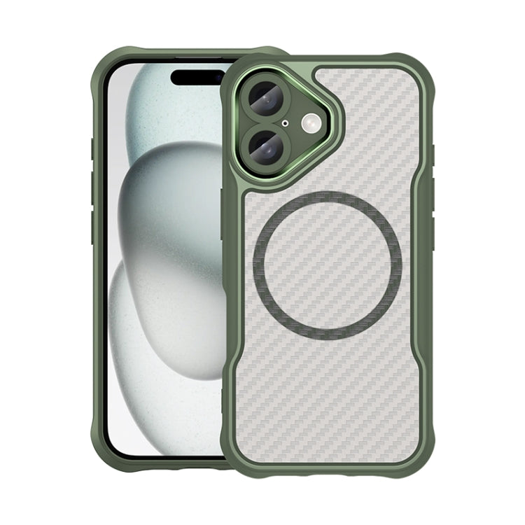 For iPhone 16 Carbon Fiber Texture MagSafe Translucent Phone Case(Green) - iPhone 16 Cases by buy2fix | Online Shopping UK | buy2fix