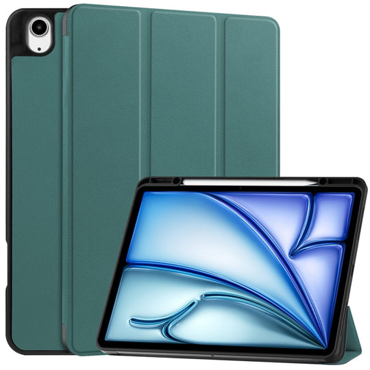 For iPad Air 13 2024 / 2025 / 2026 Custer TPU Pure Color 3-Fold Holder Smart Leather Tablet Case with Pen Tray(Dark Green)