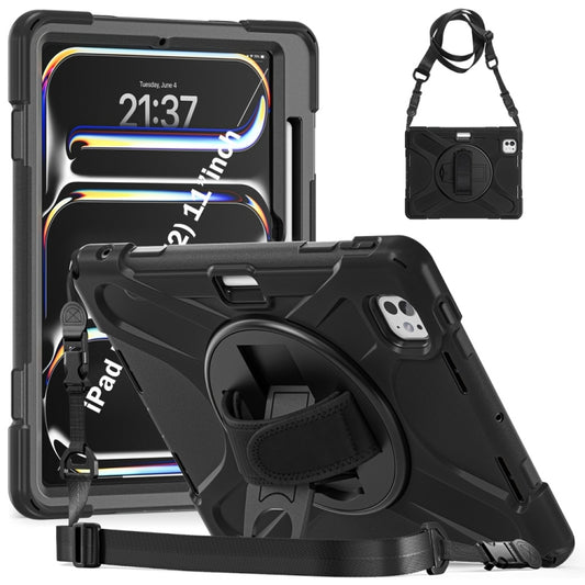 For iPad Pro 11 2025 / 2024 Rotatable Holder Silicone Hybrid PC Tablet Case with Shoulder Strap(Black) by buy2fix