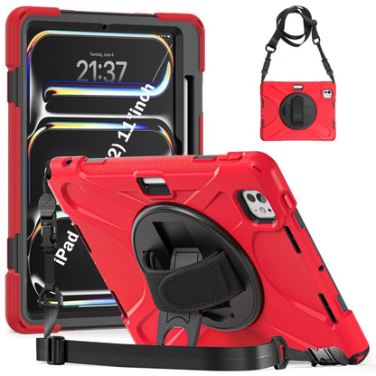 For iPad Pro 11 2025 / 2024 Rotatable Holder Silicone Hybrid PC Tablet Case with Shoulder Strap(Red) by buy2fix