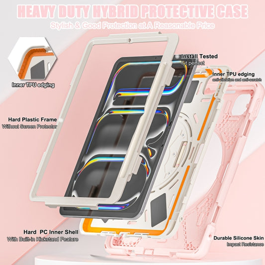For iPad Pro 11 2025 / 2024 Rotatable Holder Silicone Hybrid PC Tablet Case with Shoulder Strap(Cherry Blossom Pink) by buy2fix
