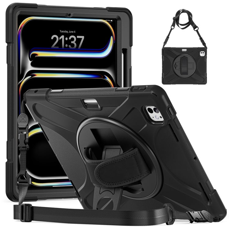 For iPad Pro 13 2025 / 2024 Rotatable Holder Silicone Hybrid PC Tablet Case with Shoulder Strap(Black) by buy2fix