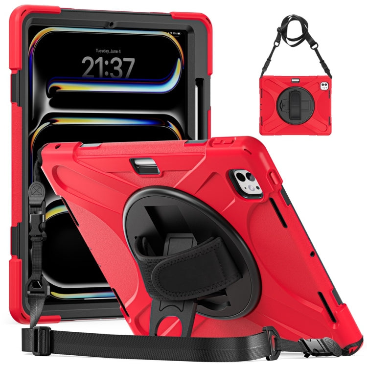 For iPad Pro 13 2025 / 2024 Rotatable Holder Silicone Hybrid PC Tablet Case with Shoulder Strap(Red) by buy2fix