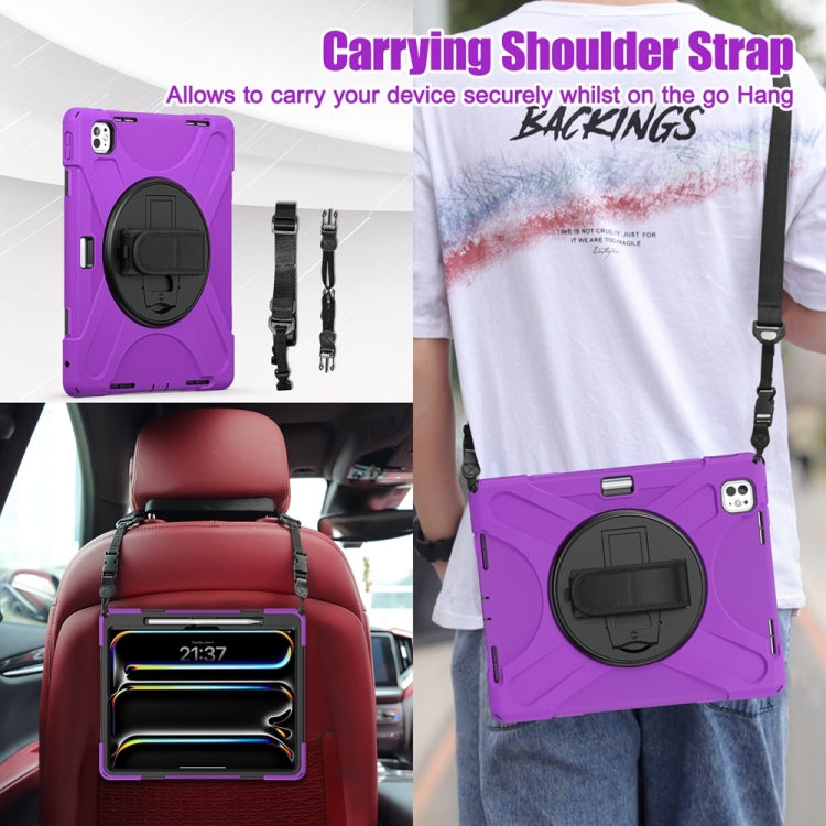 For iPad Pro 13 2025 / 2024 Rotatable Holder Silicone Hybrid PC Tablet Case with Shoulder Strap(Purple) by buy2fix