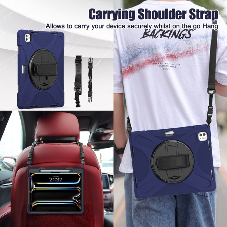 For iPad Pro 13 2025 / 2024 Rotatable Holder Silicone Hybrid PC Tablet Case with Shoulder Strap(Navy Blue) by buy2fix