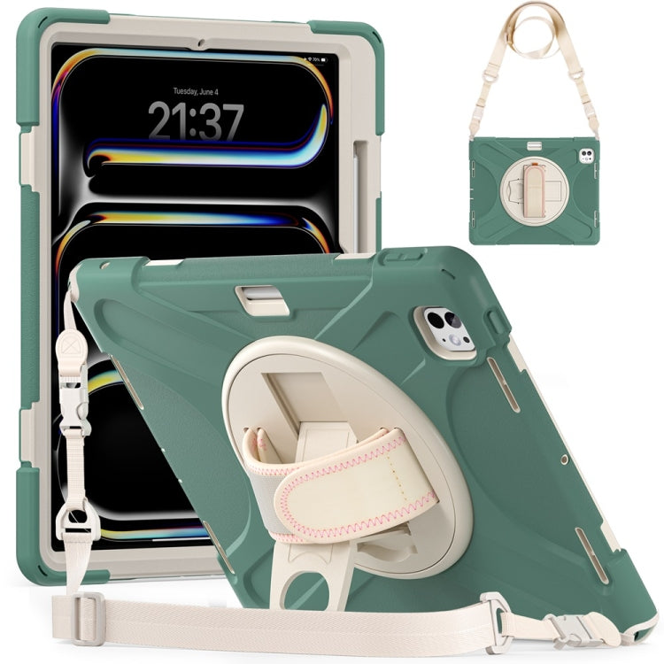For iPad Pro 13 2025 / 2024 Rotatable Holder Silicone Hybrid PC Tablet Case with Shoulder Strap(Emreald Green) by buy2fix