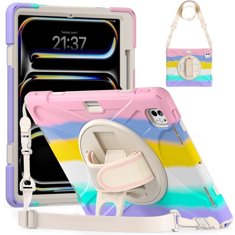 For iPad Pro 13 2025 / 2024 Rotatable Holder Silicone Hybrid PC Tablet Case with Shoulder Strap(Colorful Pink) by buy2fix