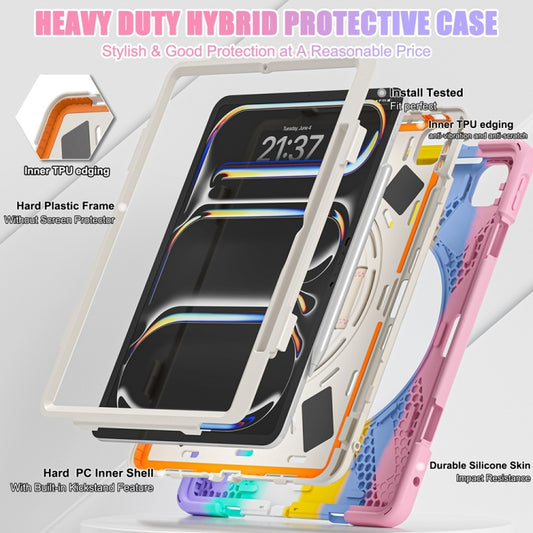 For iPad Pro 13 2025 / 2024 Rotatable Holder Silicone Hybrid PC Tablet Case with Shoulder Strap(Colorful Pink) by buy2fix