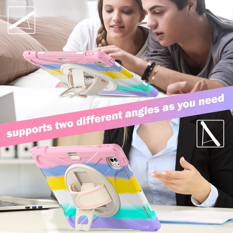 For iPad Pro 13 2025 / 2024 Rotatable Holder Silicone Hybrid PC Tablet Case with Shoulder Strap(Colorful Pink) by buy2fix