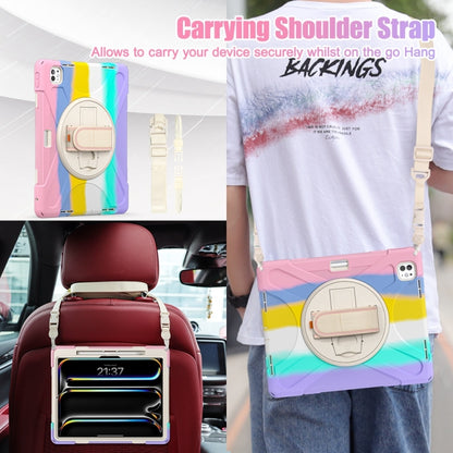 For iPad Pro 13 2025 / 2024 Rotatable Holder Silicone Hybrid PC Tablet Case with Shoulder Strap(Colorful Pink) by buy2fix