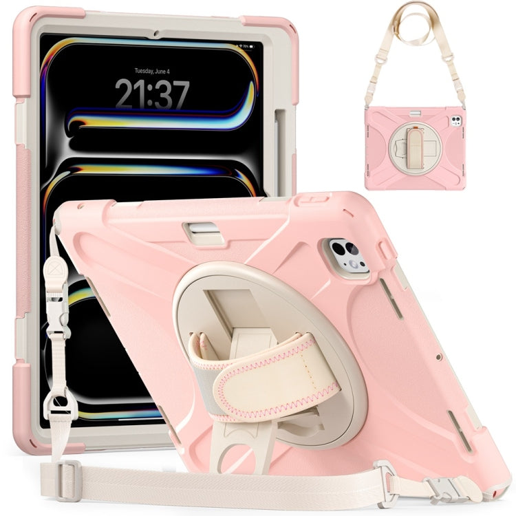 For iPad Pro 13 2025 / 2024 Rotatable Holder Silicone Hybrid PC Tablet Case with Shoulder Strap(Cherry Blossom Pink) by buy2fix