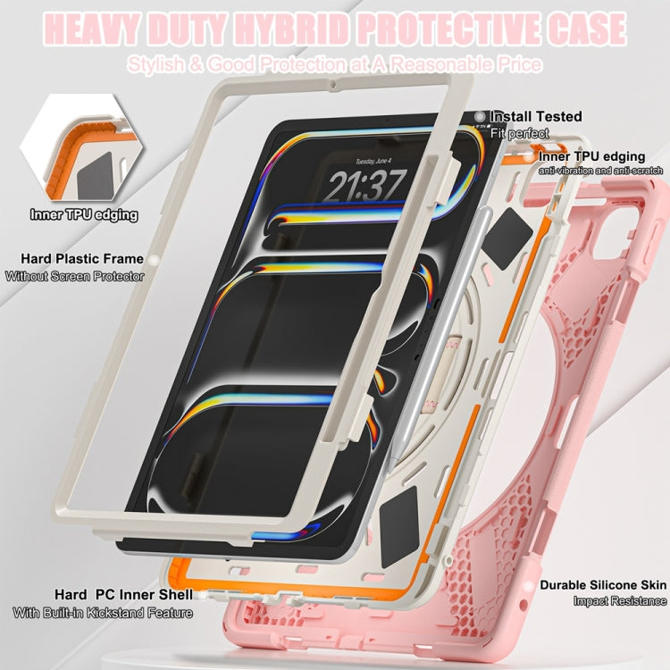 For iPad Pro 13 2025 / 2024 Rotatable Holder Silicone Hybrid PC Tablet Case with Shoulder Strap(Cherry Blossom Pink) by buy2fix