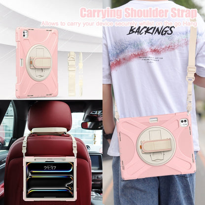 For iPad Pro 13 2025 / 2024 Rotatable Holder Silicone Hybrid PC Tablet Case with Shoulder Strap(Cherry Blossom Pink) by buy2fix
