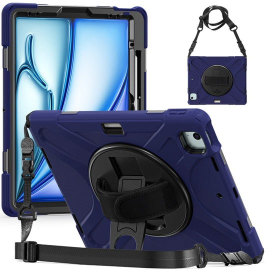 For iPad Air 13 2026 / 2025 / 2024 Rotatable Holder Silicone Hybrid PC Tablet Case with Shoulder Strap(Navy Blue)