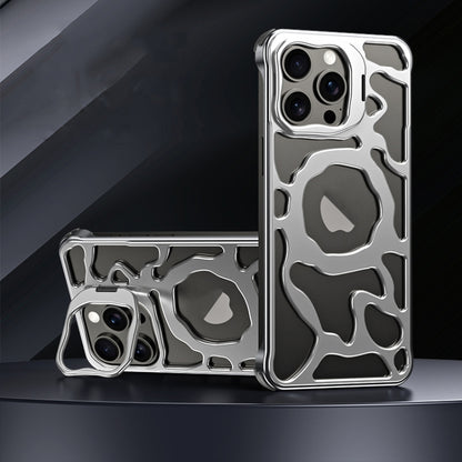 For iPhone 14 Pro Auspicious Cloud Series MagSafe Metal Phone Case with Bracket(Silver) - iPhone 14 Pro Cases by buy2fix | Online Shopping UK | buy2fix