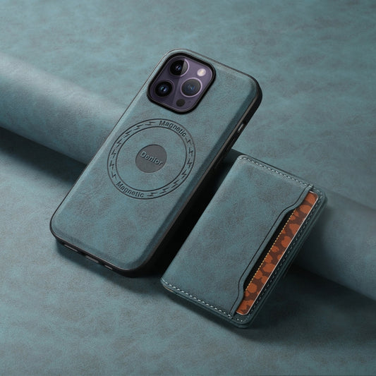 For iPhone 14 Pro Max Denior D13 Retro Texture Leather MagSafe Card Bag Phone Case(Blue) by Denior