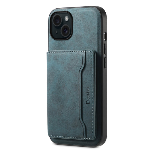 For iPhone 15 Plus Denior D13 Retro Texture Leather MagSafe Card Bag Phone Case(Blue) - iPhone 15 Plus Cases by Denior | Online Shopping UK | buy2fix