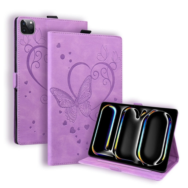 For iPad Pro 11 2024 Love Butterfly Embossed Leather Tablet Case(Purple) - iPad Pro 11 2024 Cases by buy2fix | Online Shopping UK | buy2fix