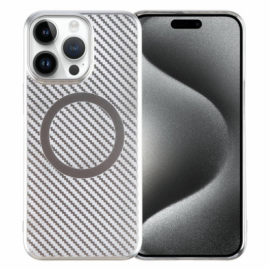 For iPhone 15 Pro 6D Plated Carbon Fiber Clear Magsafe PC Phone Case(Starlight Silver) by buy2fix
