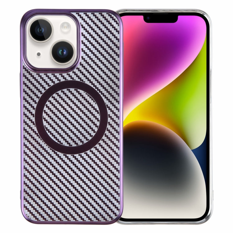 For iPhone 14 Plus 6D Plated Carbon Fiber Clear Magsafe PC Phone Case(Aurora Purple) by buy2fix