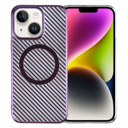 For iPhone 14 Plus 6D Plated Carbon Fiber Clear Magsafe PC Phone Case(Aurora Purple) by buy2fix