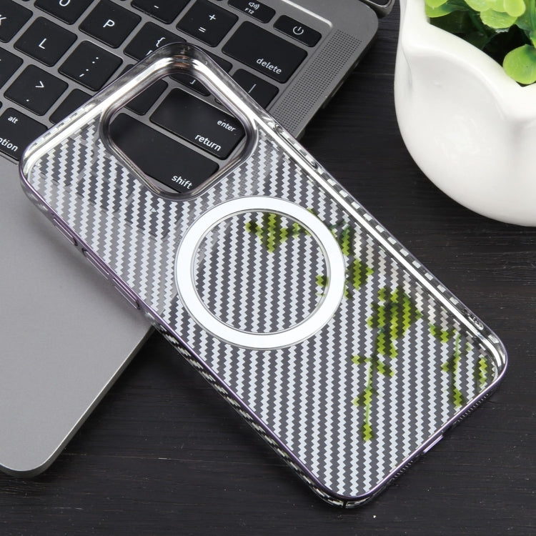 For iPhone 14 Plus 6D Plated Carbon Fiber Clear Magsafe PC Phone Case(Aurora Purple) by buy2fix