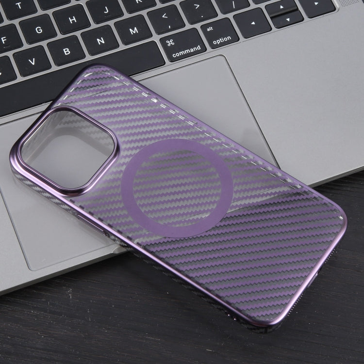 For iPhone 14 Plus 6D Plated Carbon Fiber Clear Magsafe PC Phone Case(Aurora Purple) by buy2fix
