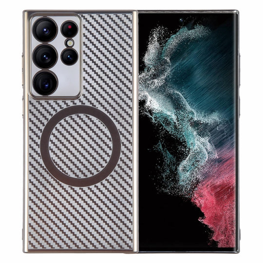 For Samsung Galaxy S22 Ultra 5G 6D Plated Carbon Fiber Clear Magsafe PC Phone Case(Titanium Grey)