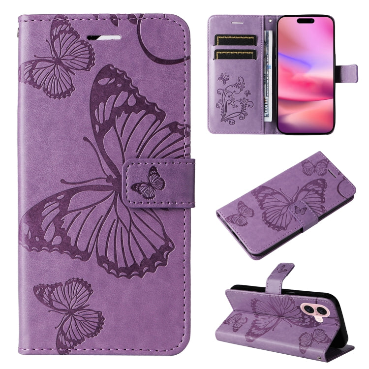 For iPhone 16 3D Butterfly Embossed Pattern Flip Leather Phone Case(Purple) - iPhone 16 Cases by buy2fix | Online Shopping UK | buy2fix