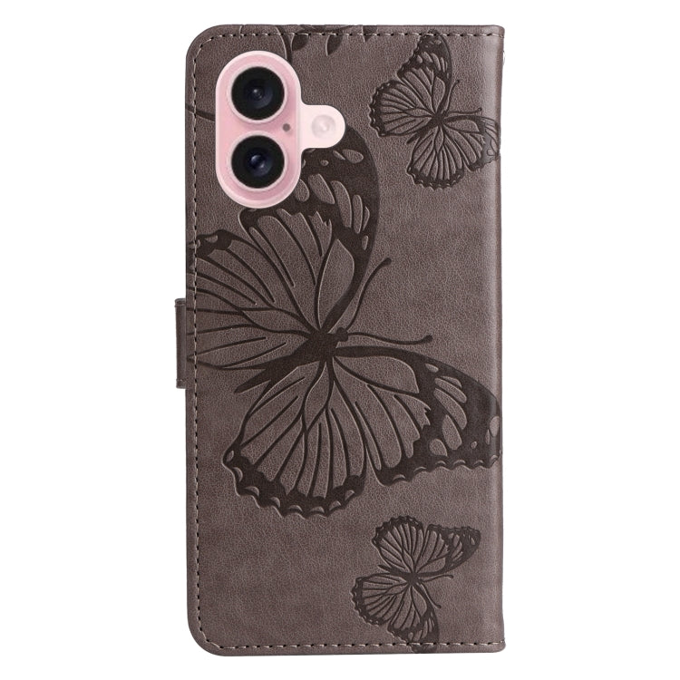 For iPhone 16 3D Butterfly Embossed Pattern Flip Leather Phone Case(Grey) - iPhone 16 Cases by buy2fix | Online Shopping UK | buy2fix