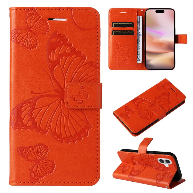 For iPhone 16 Plus 3D Butterfly Embossed Pattern Flip Leather Phone Case(Orange) - iPhone 16 Plus Cases by buy2fix | Online Shopping UK | buy2fix