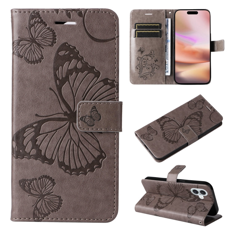 For iPhone 16 Plus 3D Butterfly Embossed Pattern Flip Leather Phone Case(Grey) - iPhone 16 Plus Cases by buy2fix | Online Shopping UK | buy2fix