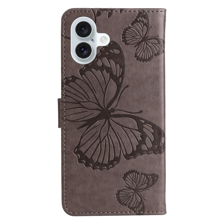 For iPhone 16 Plus 3D Butterfly Embossed Pattern Flip Leather Phone Case(Grey) - iPhone 16 Plus Cases by buy2fix | Online Shopping UK | buy2fix