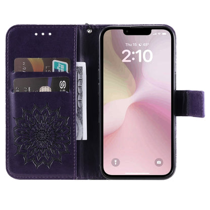 For iPhone 16e Embossed Sunflower Pattern Flip Leather Phone Case(Purple) by buy2fix