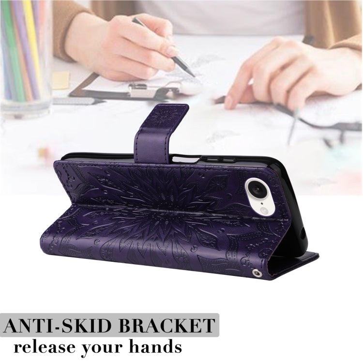 For iPhone 16e Embossed Sunflower Pattern Flip Leather Phone Case(Purple) by buy2fix