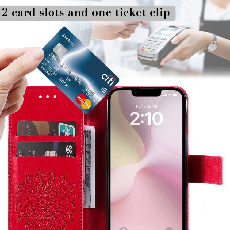 For iPhone 16e Embossed Sunflower Pattern Flip Leather Phone Case(Red) by buy2fix