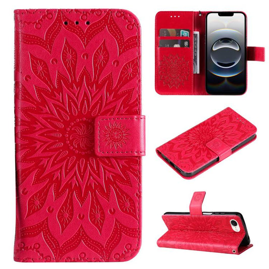 For iPhone 16e Embossed Sunflower Pattern Flip Leather Phone Case(Red) by buy2fix